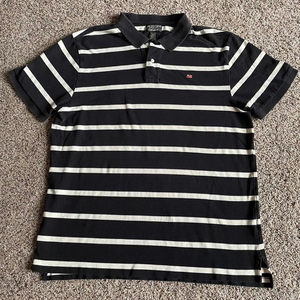 Vtg Polo Jeans Company RL Black White Stripe Polo Flag Embroidery Sz XXL Preppy